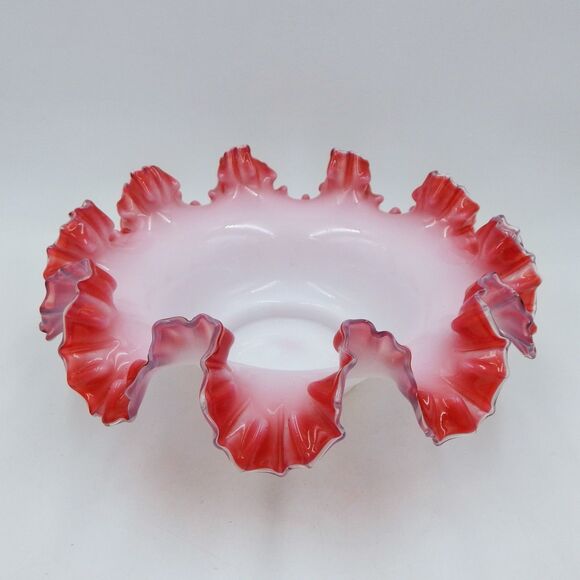 Victorian Brides Basket Bowl Cranberry Pink White Milk Glass Ruffled Rim 11 Inch - Picture 2 of 10